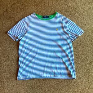A light blue and white horizontal stripped Polo by Ralph Luaren